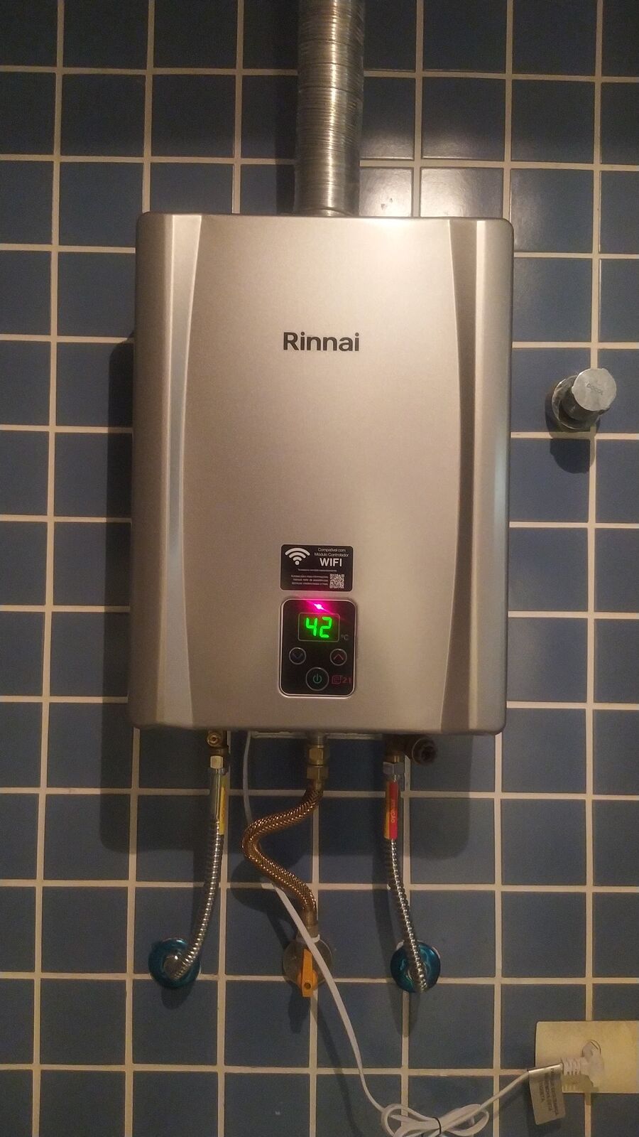 Aquecedor a gás Rinnai instalado em uma área de serviço